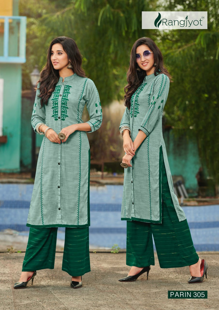 RANGJYOT PARIN VOL-3 Lateat fancy Festive Wear Heavy slub Rayon Dori With Gold Print Kurtis With Bottom Collection